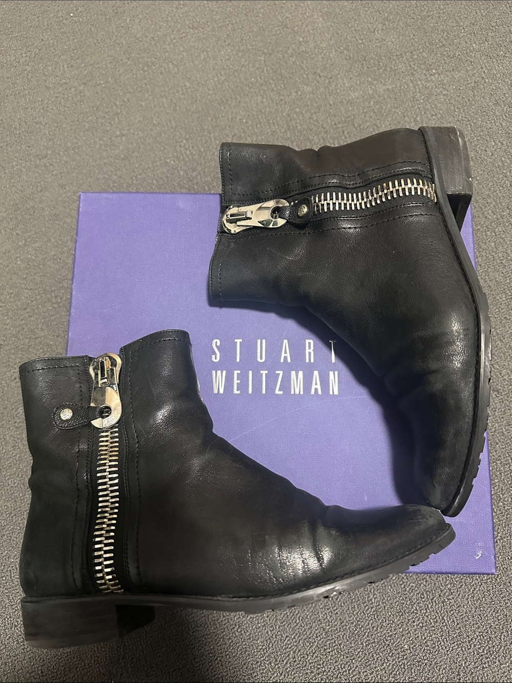 Stuart Weitzman Black Leather Side-Zip Ankle Booties